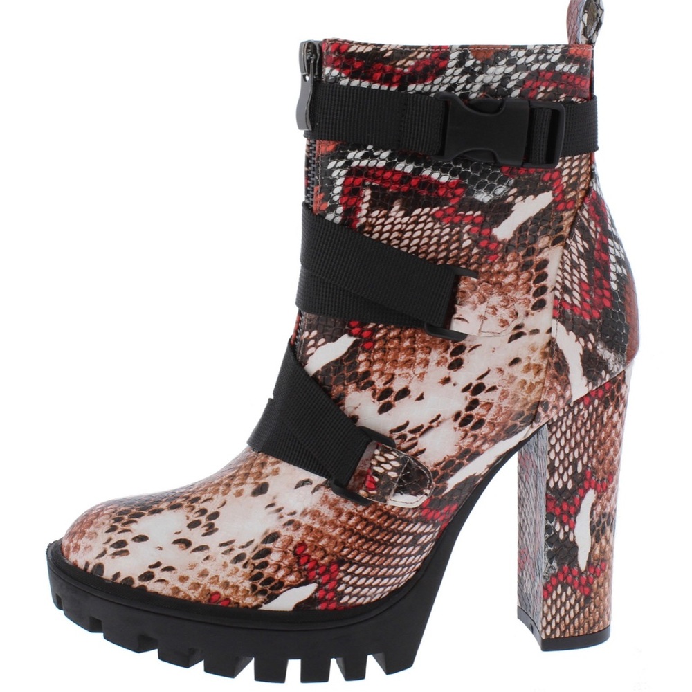 Red Lug Style Ankle Snake Print Heel Boot